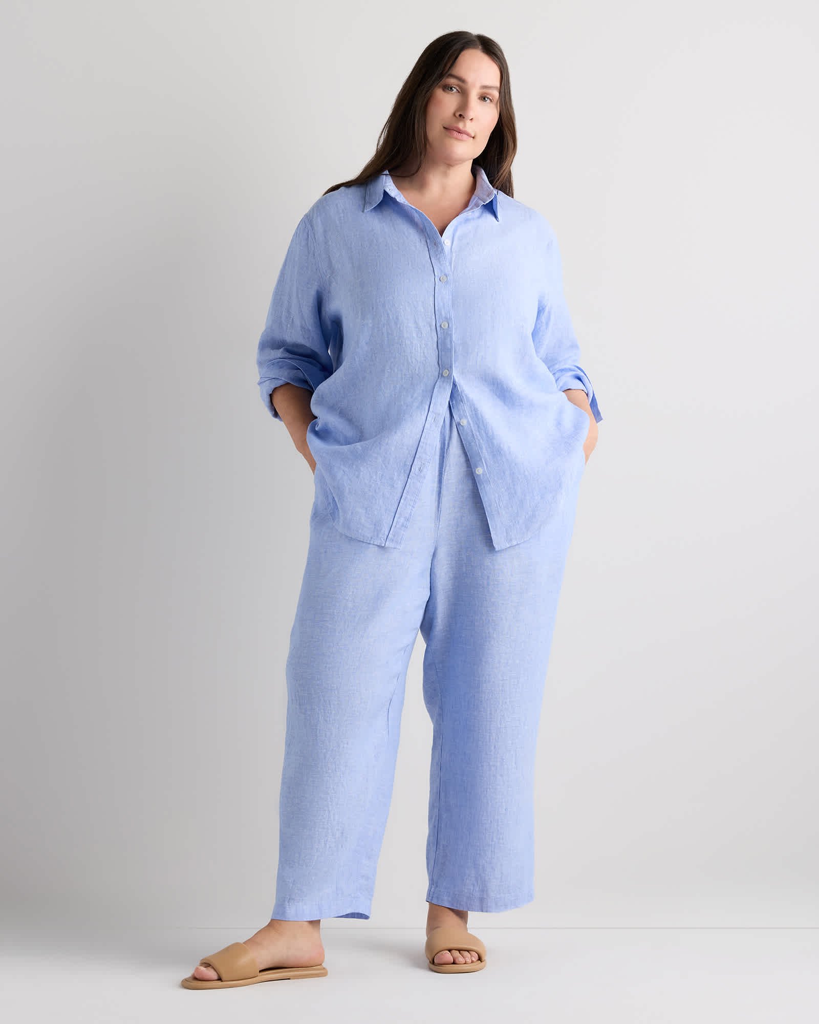 Extended Sizes 100% European Linen Long Sleeve Shirt - Plus Size - 图片 2