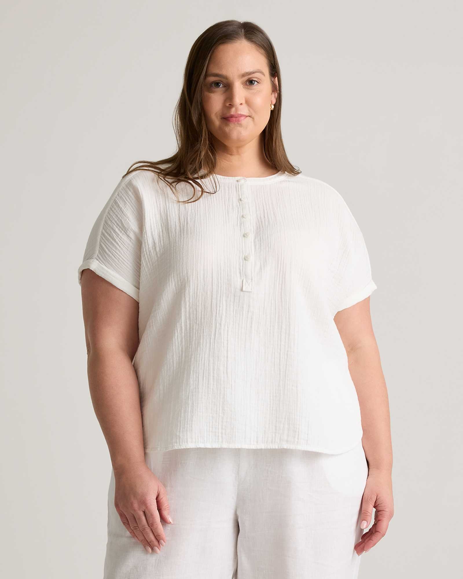 100% Organic Cotton Gauze Roll Sleeve Shirt - Plus Size