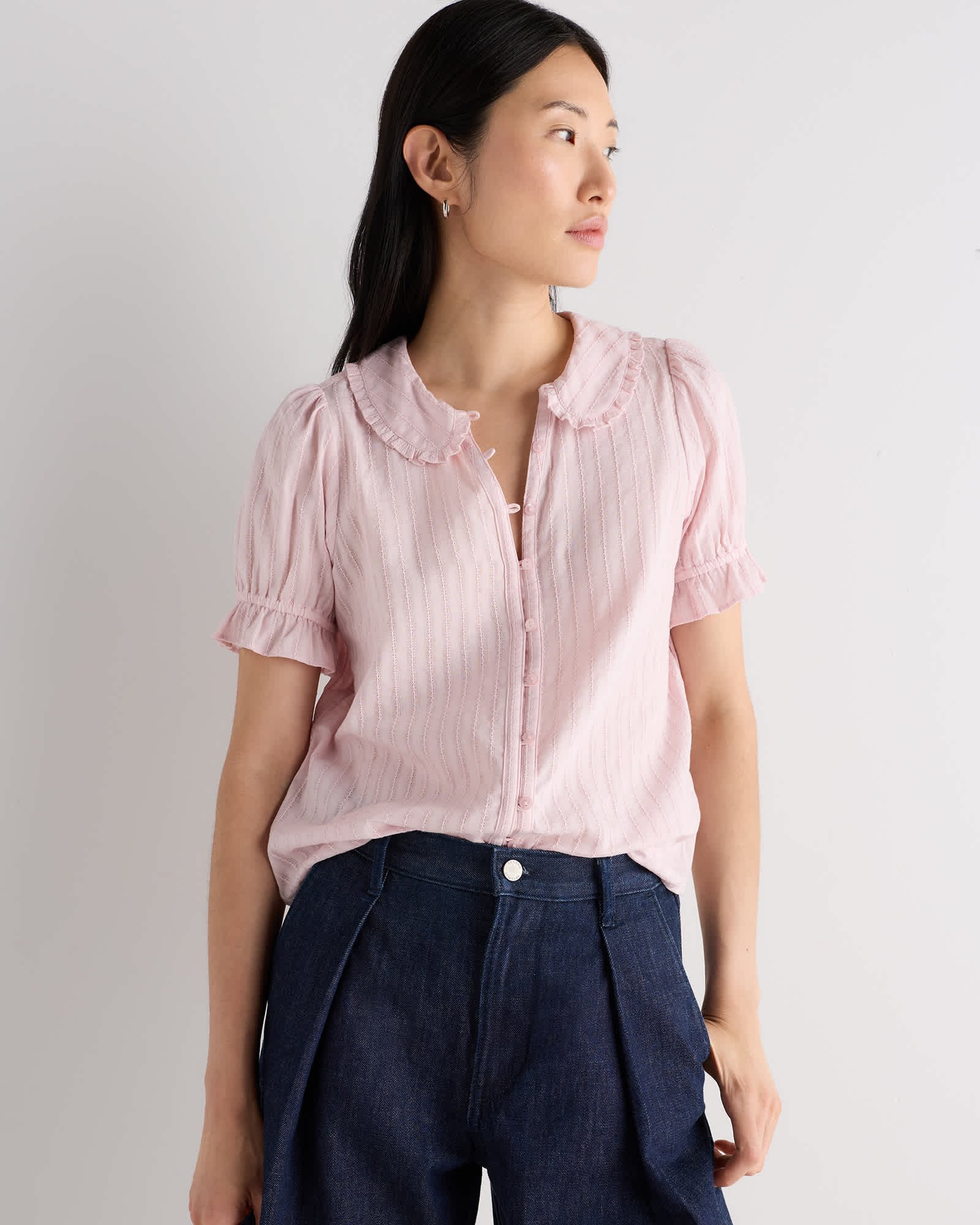 Embroidered Cotton Ruffle Collar Long Sleeve Blouse