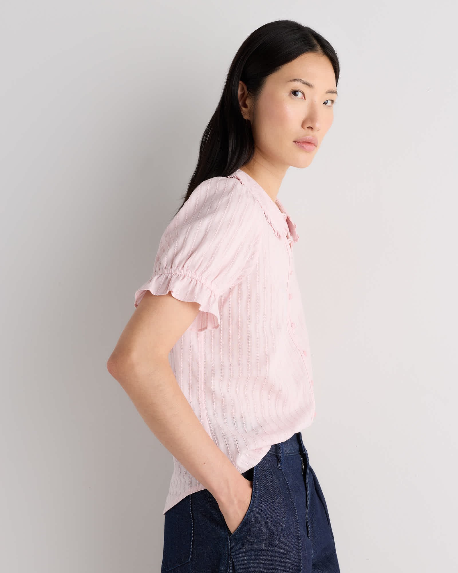 Embroidered Cotton Ruffle Collar Long Sleeve Blouse - 图片 3