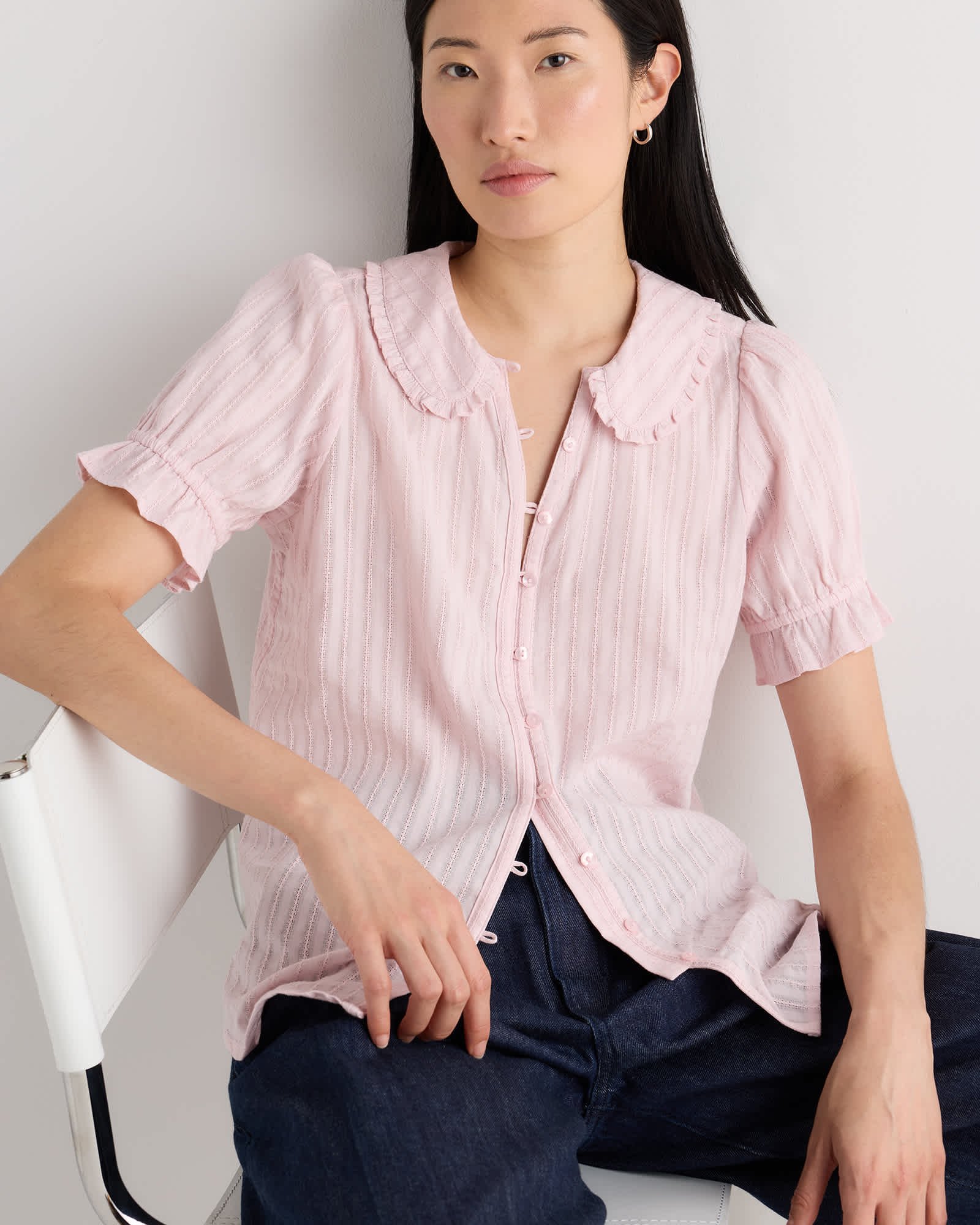 Embroidered Cotton Ruffle Collar Long Sleeve Blouse - 图片 5