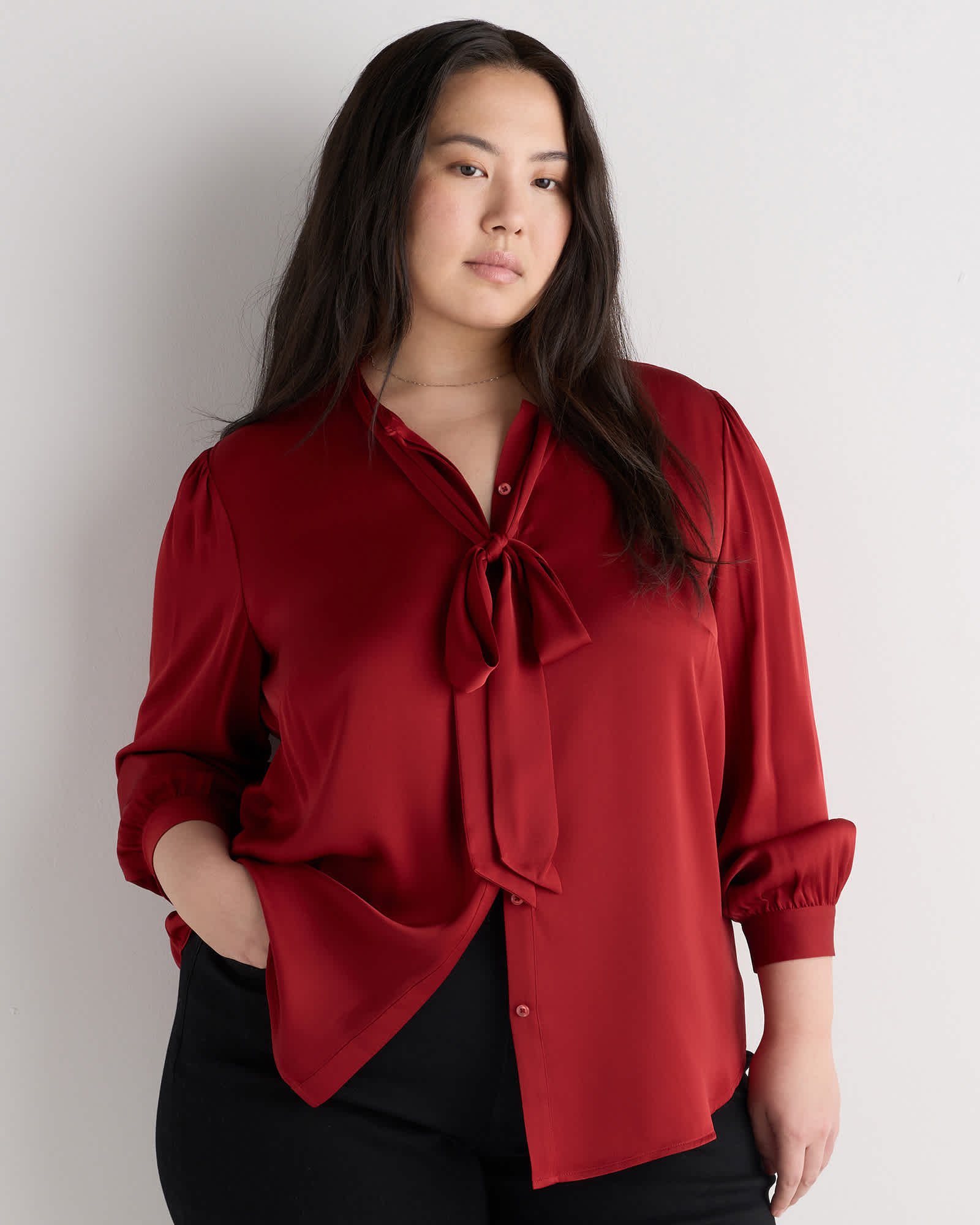 Women's Plus Size Washable Stretch Silk Tie Neck Blouse