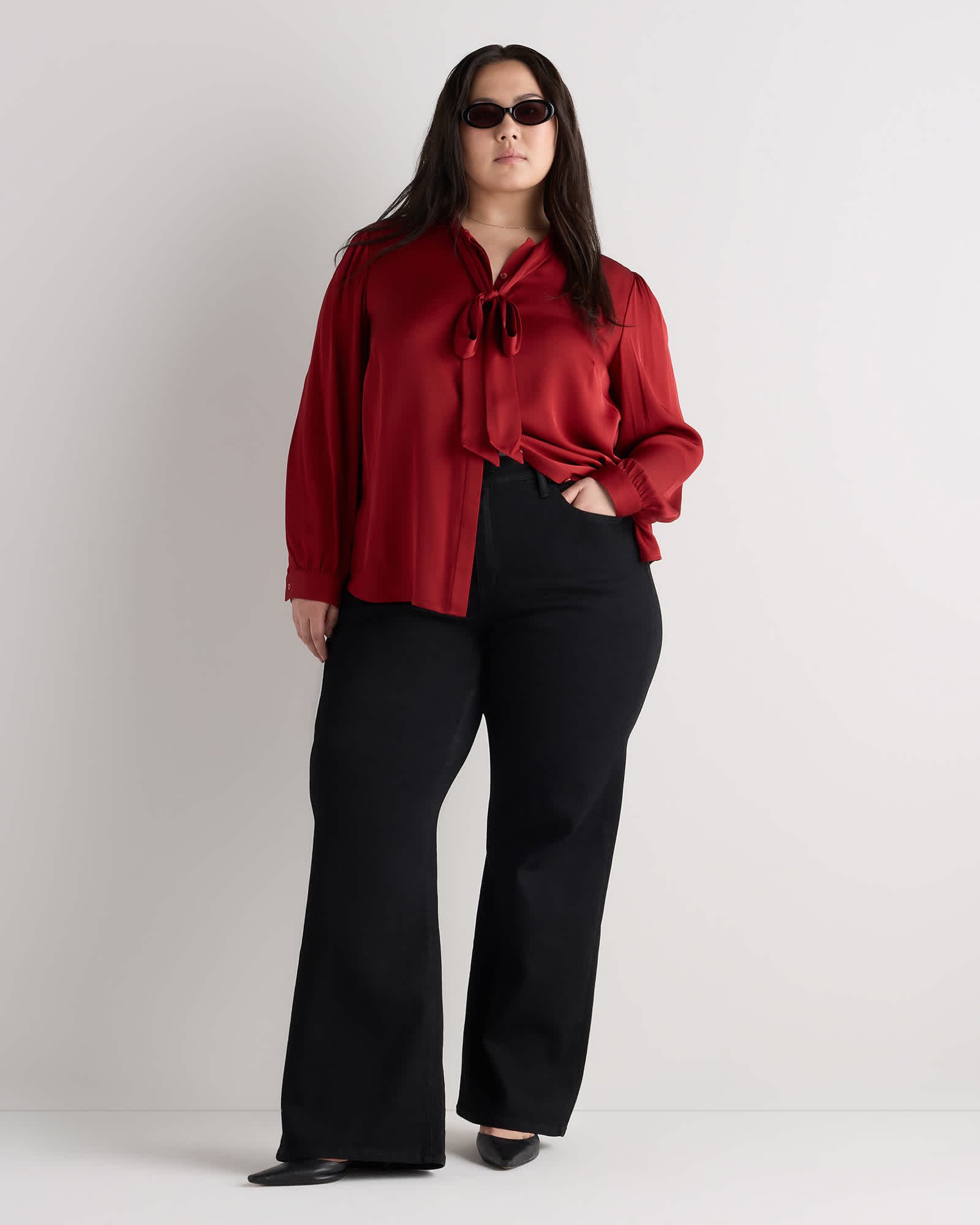 Women's Plus Size Washable Stretch Silk Tie Neck Blouse - 图片 2