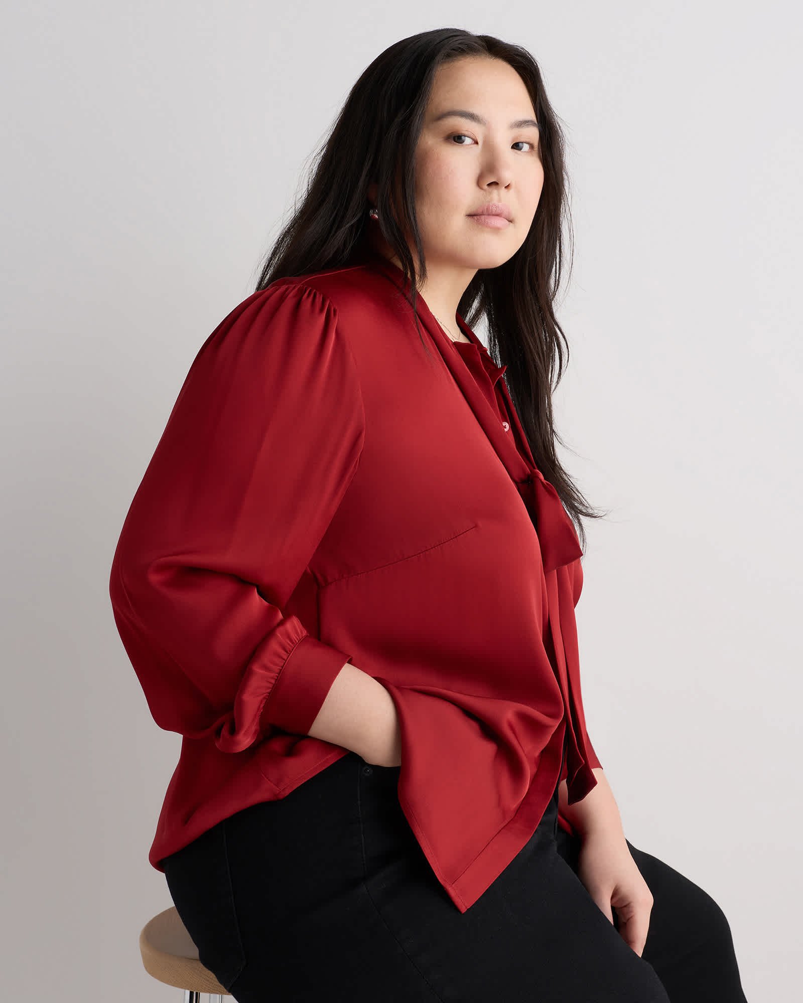 Women's Plus Size Washable Stretch Silk Tie Neck Blouse - 图片 3