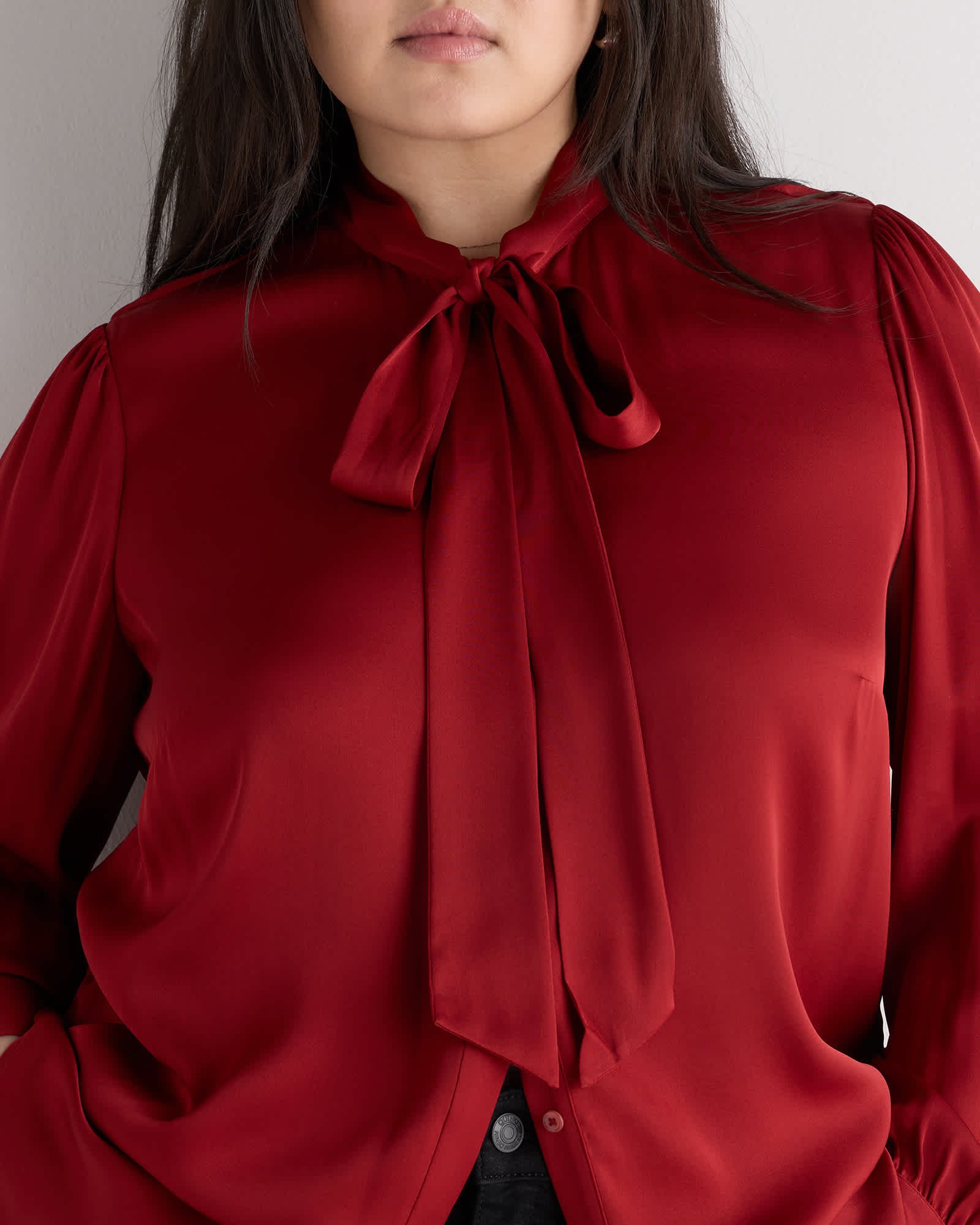 Women's Plus Size Washable Stretch Silk Tie Neck Blouse - 图片 4