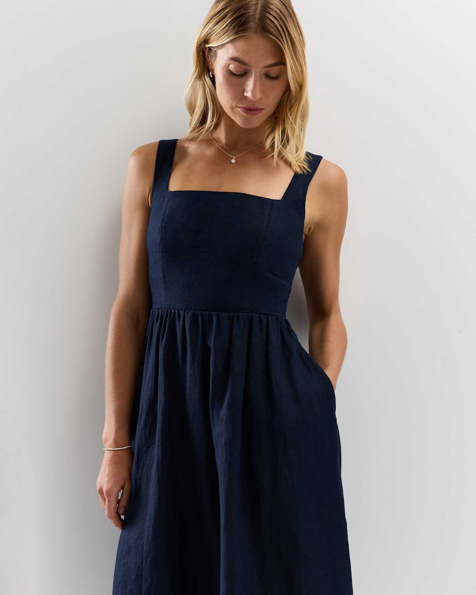 100% European Linen Fit & Flare Midi Dress - 图片 5
