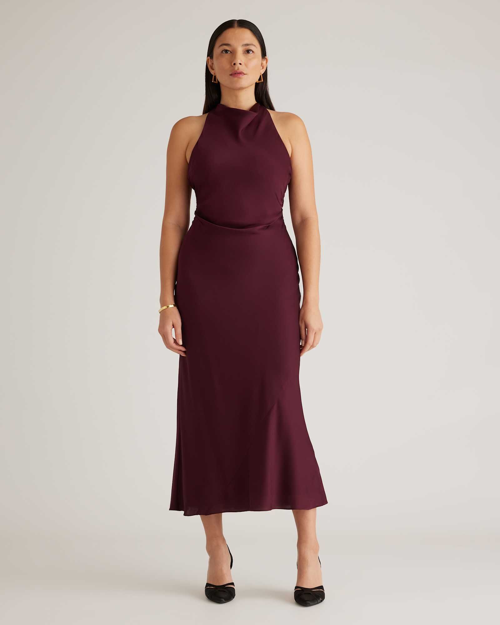 Washable Stretch Silk High Neck Midi Dress