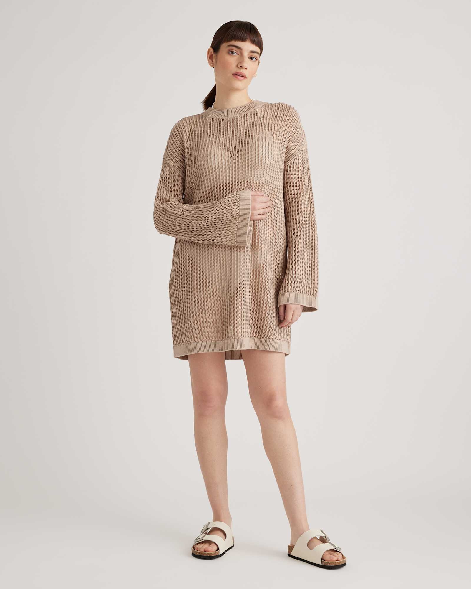 100% Organic Cotton Open-Knit Long Sleeve Cover-Up Mini Dress