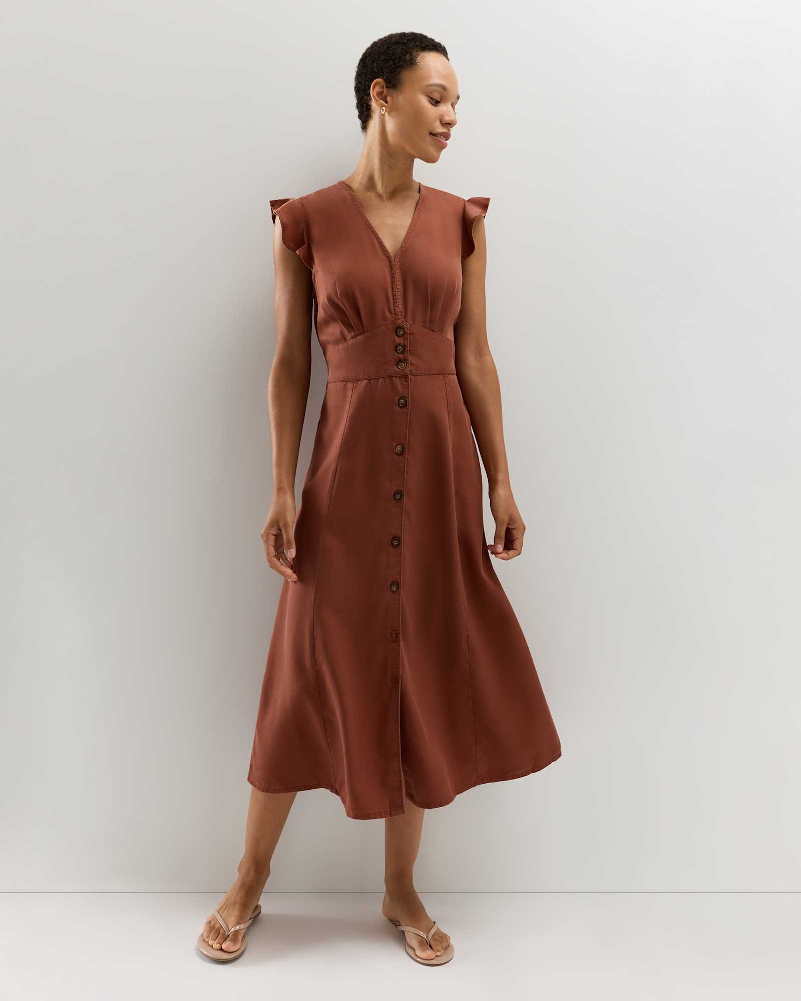 Vintage Wash Tencel Button Front Midi Dress - 图片 5
