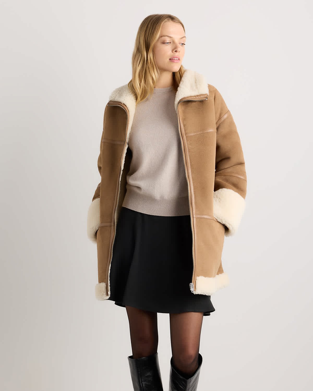 100% Shearling Long Coat in Fawn/Off White
