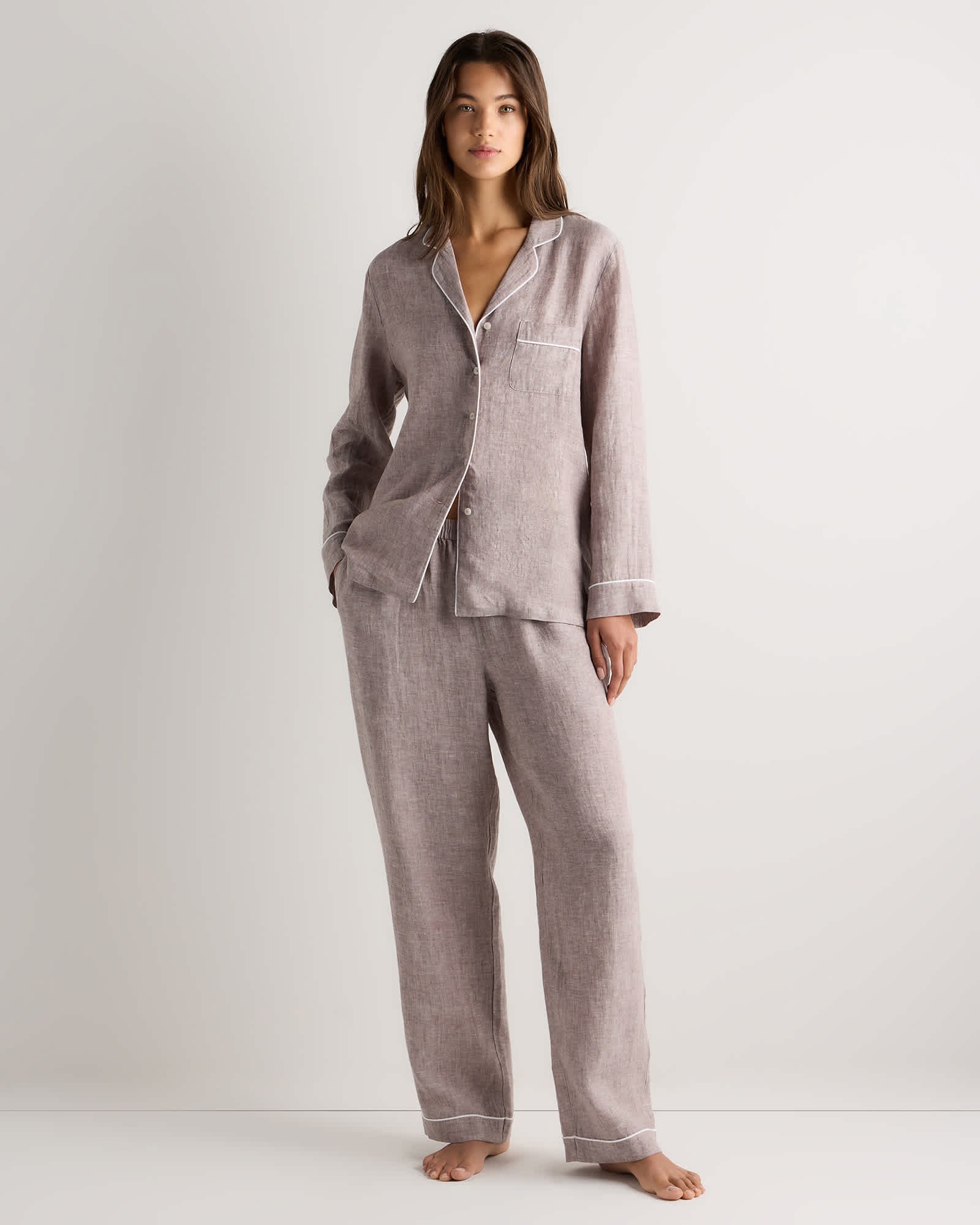 100% European Linen Long Sleeve Pajama Set with Piping