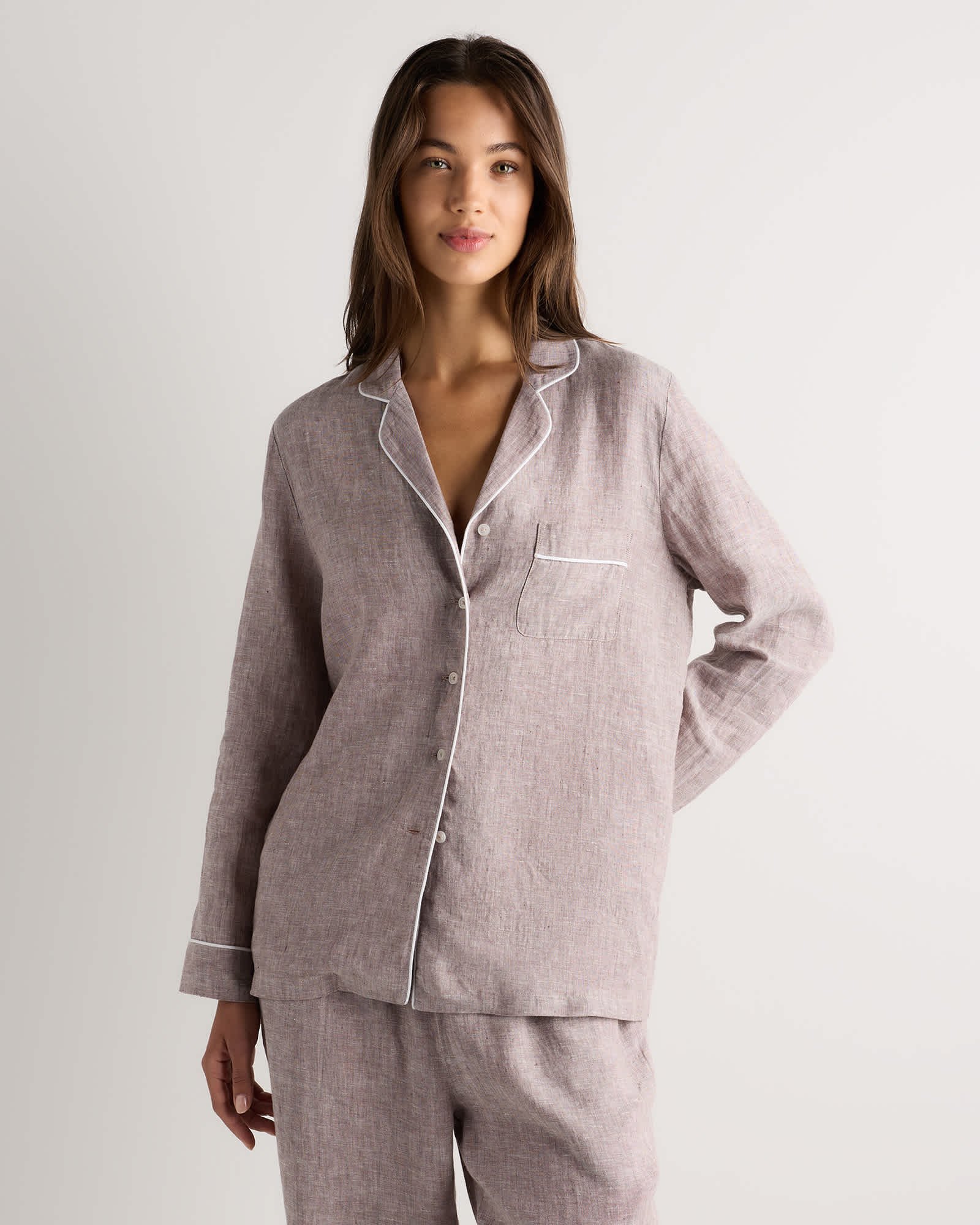 100% European Linen Long Sleeve Pajama Set with Piping - 图片 2