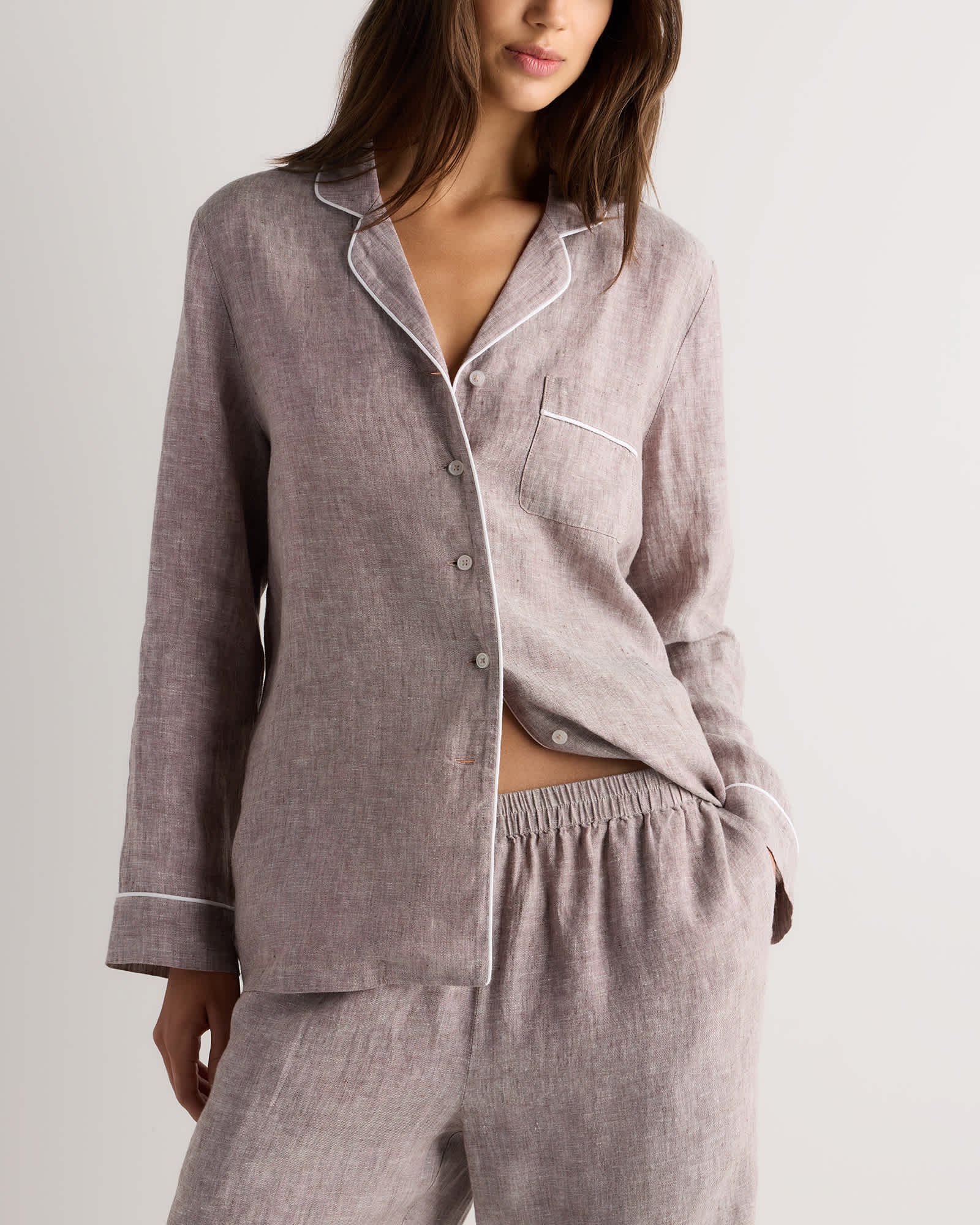 100% European Linen Long Sleeve Pajama Set with Piping - 图片 3