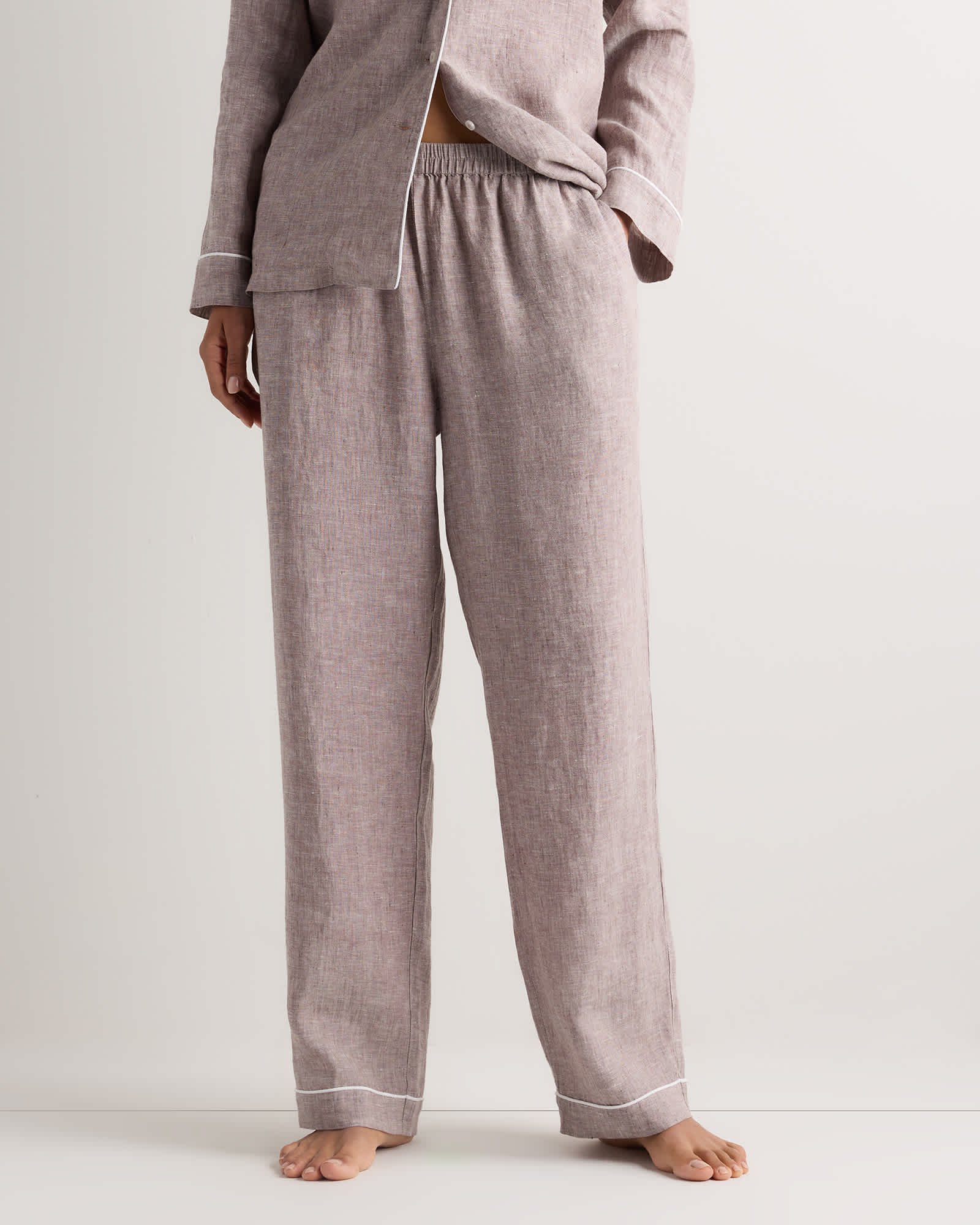 100% European Linen Long Sleeve Pajama Set with Piping - 图片 4