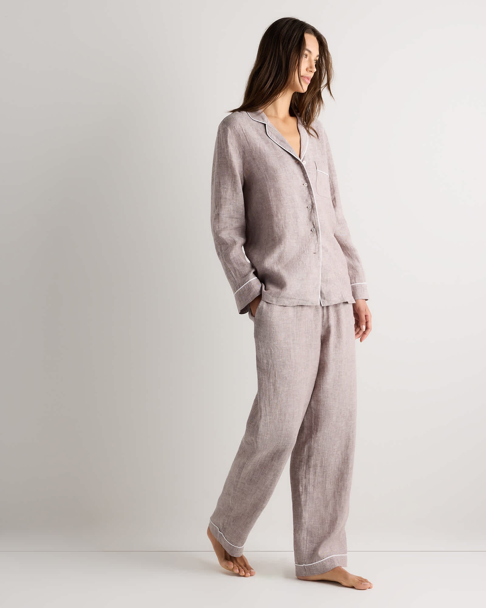 100% European Linen Long Sleeve Pajama Set with Piping - 图片 5