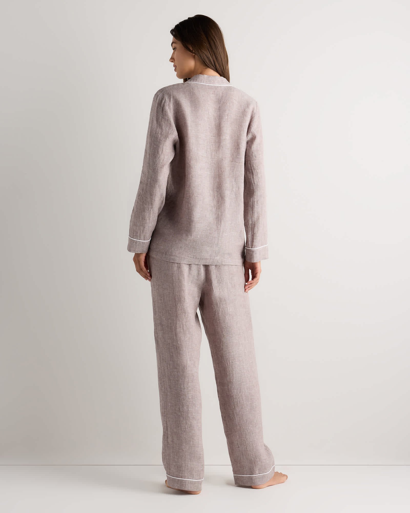 100% European Linen Long Sleeve Pajama Set with Piping - 图片 6