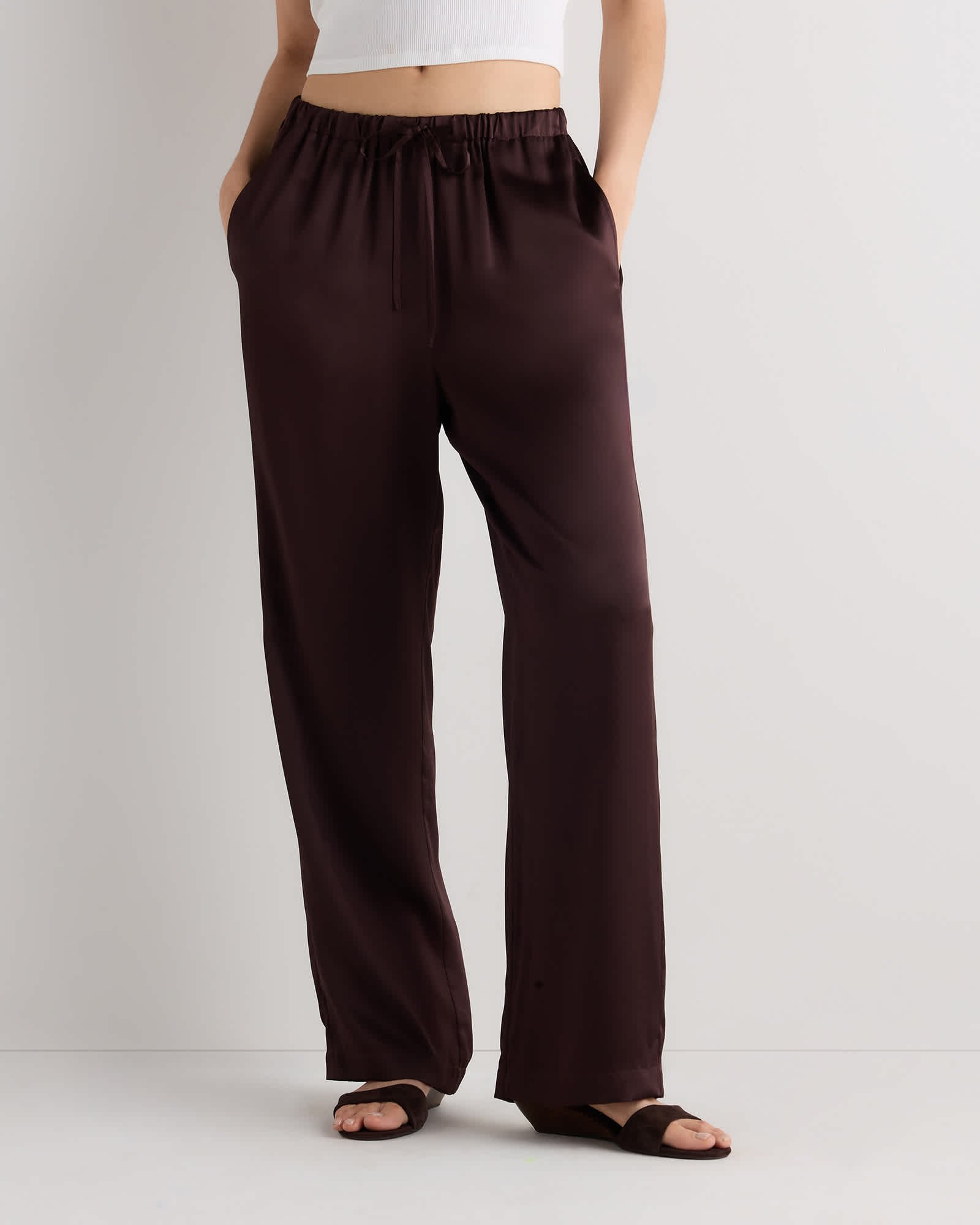 100% Washable Silk Drawstring Wide Leg Pants