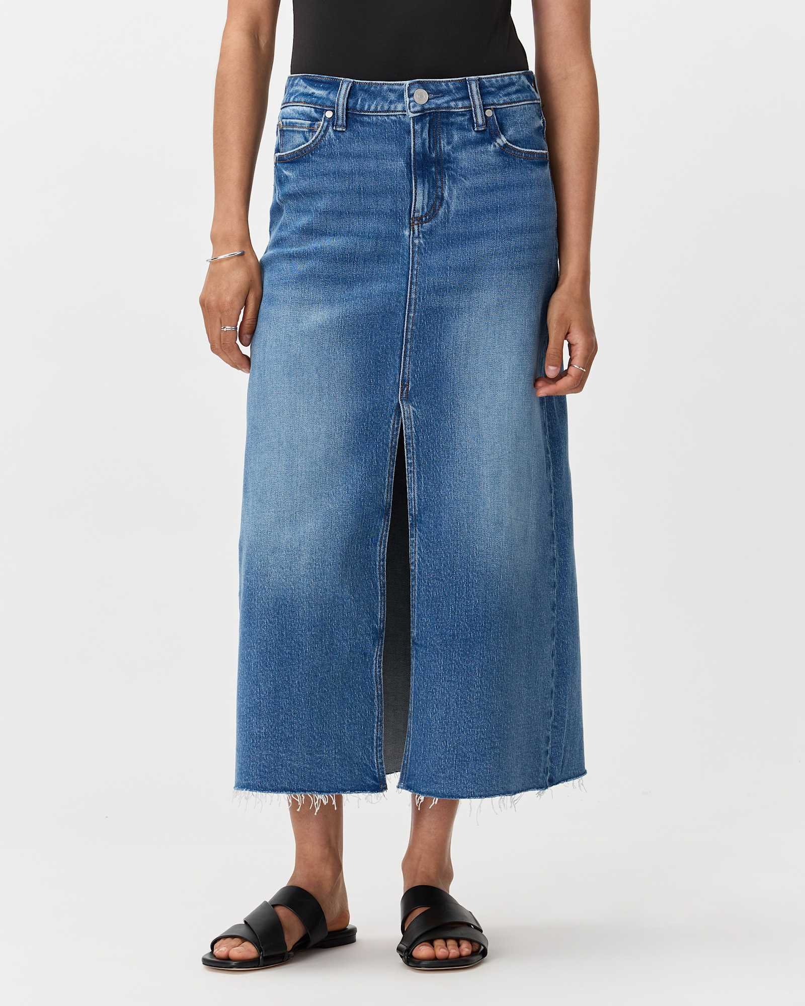 Stretch Denim 5-Pocket Midi Skirt