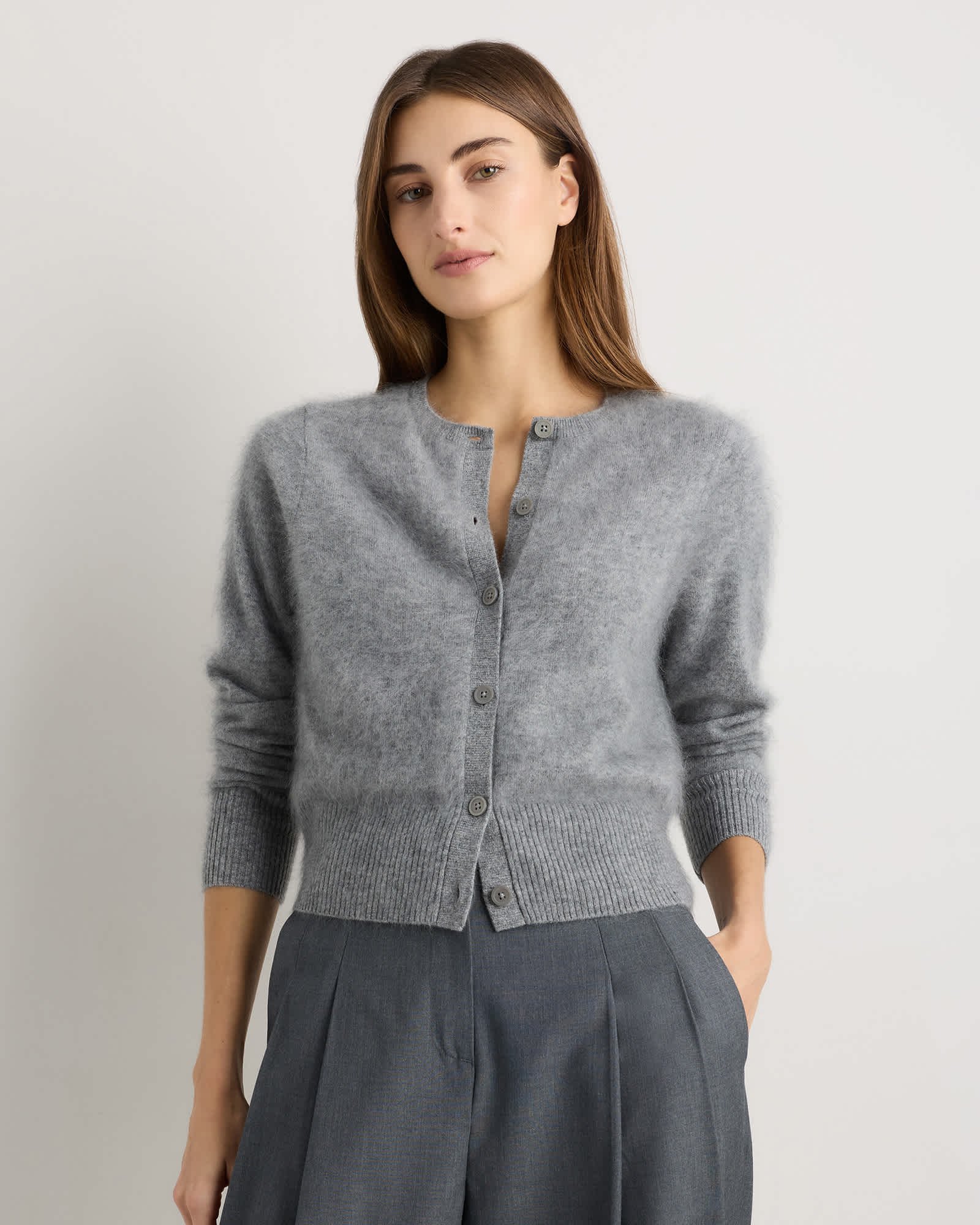 Brushed Cashmere Fitted Crewneck Cardigan