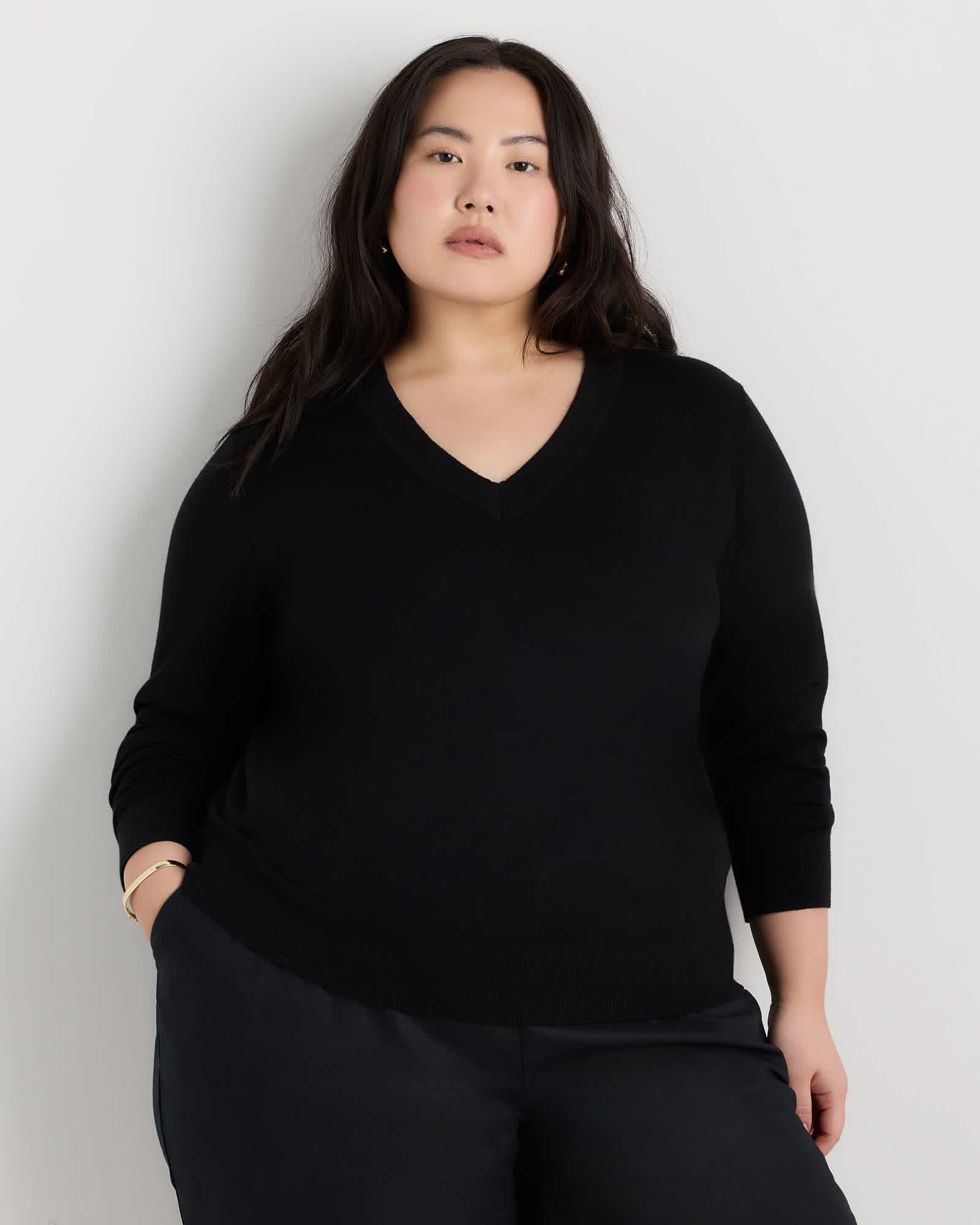 Lightweight Cotton Cashmere V-Neck Sweater - Plus Size